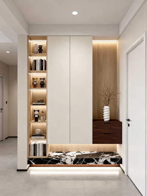 这是一个现代极简轻奢风格的入户玄关过渡空间，采用中心对称式构图，以奶白色哑光面板、深胡桃木色、黑白根大理石纹为核心色调，整体氛围温润雅致、克制高级，兼具视觉层次感与空间过渡性。画面视觉中心是通顶的定制预览效果