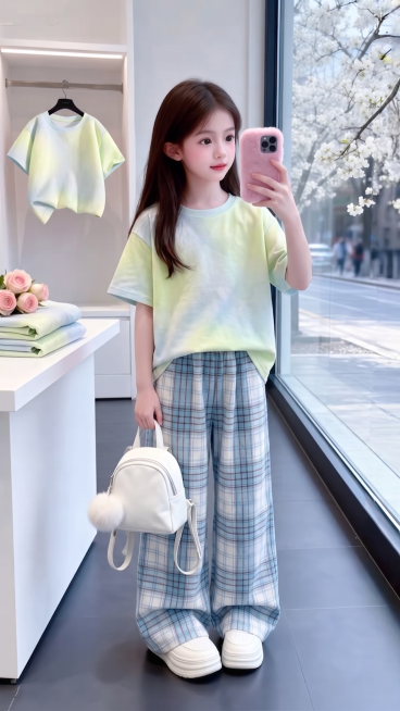 用图1的宽松短袖短袖和宽松阔腿裤替换掉图2的模特身上穿的衣服裤子和旁边桌子上折叠的衣服以及后方衣架上挂着的衣服，保留原场景光影，保持图2的人物的五官和发饰不变，姿势不变，背景不变，图片宽高尺寸不变预览效果