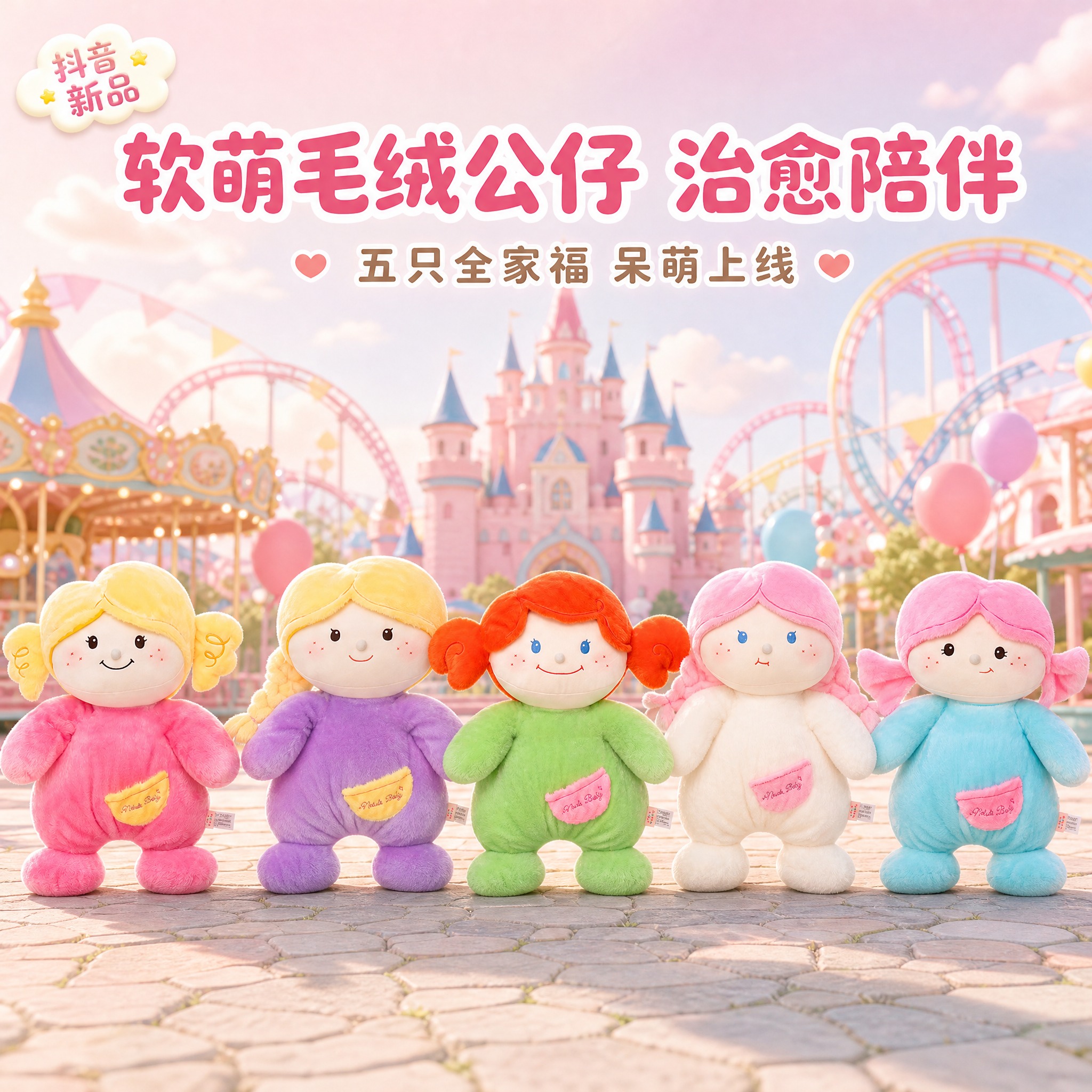 [单张主图] 五只毛绒公仔娃娃抖音电商1:1主图，高级氛围感路… - 图片创意预览
