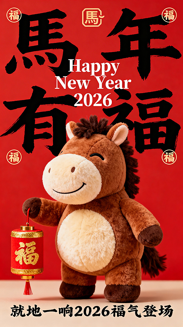 纯正面小马，Q版棕褐配色的拟人毛绒小马公仔（腹部是浅米色毛绒，单眼眯起微笑，鬃毛为深棕短绒质感，圆鼓鼓的肚子），站立，一手提 “福” 字圆柱形灯笼；红色背景，搭配红 / 金（灯笼）；小马公仔位于画面中下部核心区域；画面上部排布大号黑色毛笔大字 “馬年  有福”（笔触清晰），中间叠印白色体小字 “Happy    New Year   2026” ，背景文字两侧点缀圆形 “福” 字标识，画面顶部有小型 “馬” 字图形标识，底部有黑色很小的字 “就地一响 2026 福气登场”（2026为毛笔字体）