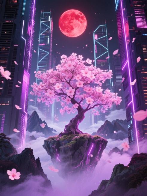 （变换风格：赛博朋克）未来都市霓虹灯下的赛博朋克风格山水，巨型全息樱花树在高楼间绽放，粉色与紫色霓虹光效浸染花瓣，半透明全息投影山脉悬浮于空中，电子云雾缭绕其间，巨大的红色圆月被摩天楼切割出几何轮廓，飘落的花瓣带有数字故障艺术效果，整体画面融合东方山水意境与赛博朋克科技美学，色彩以霓虹粉、电子紫、机械灰为主调，光影呈现强烈的霓虹光束与全息投影质感，营造出梦幻又充满未来感的氛围。预览效果