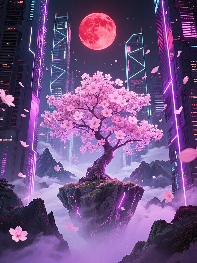 （变换风格：赛博朋克）未来都市霓虹灯下的赛博朋克风格山水，巨型全息樱花树在高楼间绽放，粉色与紫色霓虹光效浸染花瓣，半透明全息投影山脉悬浮于空中，电子云雾缭绕其间，巨大的红色圆月被摩天楼切割出几何轮廓，飘落的花瓣带有数字故障艺术效果，整体画面融合东方山水意境与赛博朋克科技美学，色彩以霓虹粉、电子紫、机械灰为主调，光影呈现强烈的霓虹光束与全息投影质感，营造出梦幻又充满未来感的氛围。