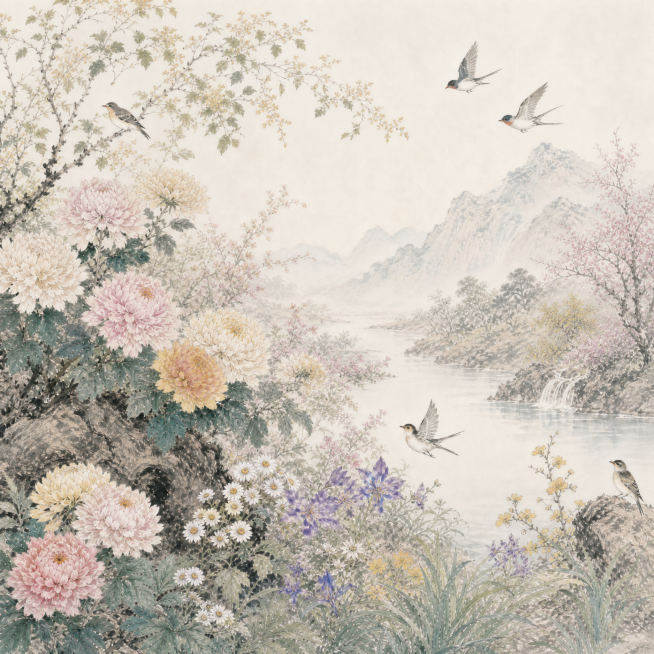 9月花鸟风景图，国画风格，各类花卉飞鸟，画面清新雅致，不包含任何文字，正方形，背景风格与参考图近似统一，保持相同的工笔国画风格和淡色背景预览效果