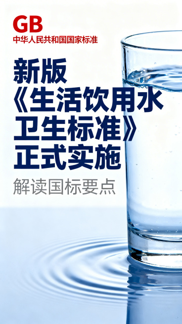 新闻封面，主题是生活饮用水卫生标准新版国标实施，包含主标题"新版《生活饮用水卫生标准》正式实施"，副标题解读国标要点，左上角放置GB中华人民共和国国家标准标识，融入干净清澈的饮用水元素，整体风格正式专预览效果