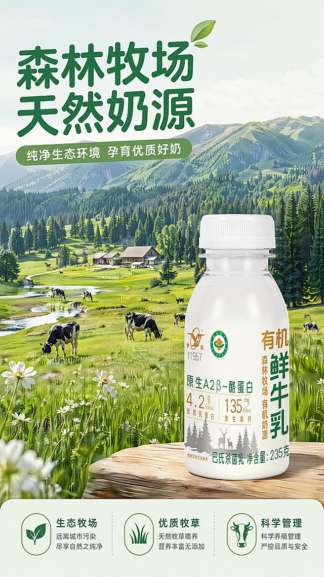 [第2屏] 森林牧场有机奶源产地展示。
[氛围/风格] 自然清新风，真实牧场场景，开阔治愈氛围感，高清风景摄影质感。
[元素布局] 画面上半部分为辽阔森林牧场实景，连绵青山与茂密森林，碧绿草地，占屏超过60%；画面下半部分放置商品图【图1】，左侧预留文字标题区，核心元素「森林牧场」放大占据主视觉。
[光影质感] 自然光照射，草地层次分明，光影柔和，整体明亮通透。
[配色色系] 全局底色 #ECF5E9，主色为草地深绿色，辅助色浅绿和奶白色，清新自然。
[视角构图] 远景俯视牧场，近景放置产品，远景虚化突出近景产品，阅读动线从上到下。
[文字版式] 左上角主标题「森林牧场 天然奶源」，副标题「纯净生态环境 孕育优质好奶」，深绿色圆角字体；底部文字描述牧场优势，字体清晰不遮挡牧场主体。全程保持字体风格与首屏一致。
[比例分辨率] 9:16竖版比例，4K分辨率，文字清晰可辨，高清画质。
[负向提示词] 文字错乱，文字过小，风景模糊，产品变形，颜色偏差，水印。