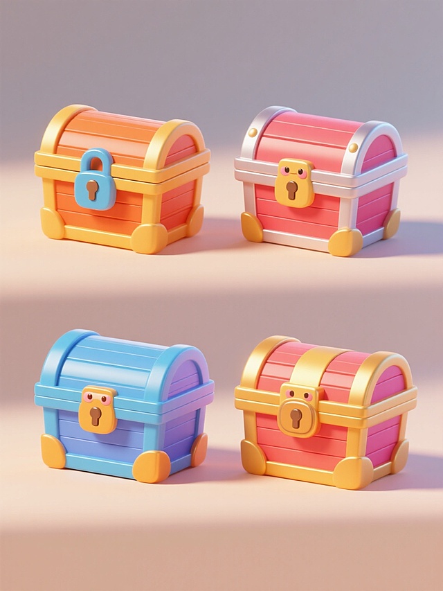 4个不同样式、不同材质的卡通风格宝箱造型，上下两行对齐排列，浅色背景，整体呈现明亮欢快的双11促销氛围，每个宝箱都有圆润的边角和厚实的立体感，采用鲜艳活泼的色彩搭配，顶部有可爱的锁扣设计，表面带有光泽质感，阴影柔和自然，展现出喜庆、惊喜的视觉效果，适合作为促销活动中的视觉元素。