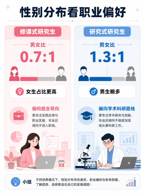 信息图表设计，标题"性别分布看职业偏好"，左右分栏布局，左侧粉色块：修课式研究生 男女比 0.7:1 女生占比更高 偏向就业导向，右侧蓝色块：研究式研究生 男女比 1.3:1 男生略多 偏向学术科研路预览效果