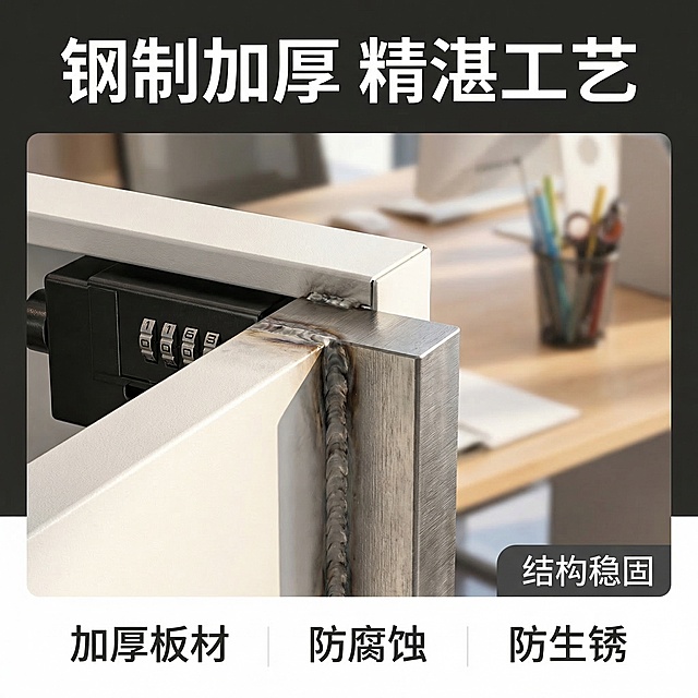 [垫图] https://gdesign-dam-hz.dancf.com/35894838089338935/46240079708349b7b7d275a407b8e1f2.jpg
[主图主题] 钢制储物柜加厚板材细节展示
[氛围/风格] 保持整体现代明亮办公风格，侧重材质工艺展示
[画面元素] 100%放大展示储物柜锁具和钢板接缝处，清晰展现加厚钢板焊接工艺，白色全钢材质，放置在办公桌面，背景虚化保持办公氛围，光影和前面主图统一
[配色色系] 延续白色主调，金属黑色锁具，暖调自然光，清晰展现材质纹理
[视角构图] 微距特写，细节铺满画面，突出工艺质感
[文字版式] 顶部主标题 “ 钢制加厚 精湛工艺 ”，右下角深色标签 “ 结构稳固 ”，底部三列卖点 “ 加厚板材 防腐蚀 防生锈 ”，采用全屏微距叠字布局，文字干净悬浮突出卖点
