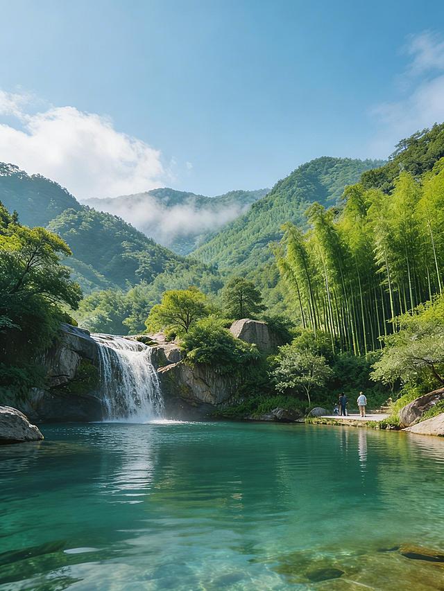 为宁波五龙潭景区的五一三天两晚单身交友活动设计宣传海报，画面保留原有的山水瀑布、竹林、古亭等自然景色，添加醒目的活动标题：“五一赴山水之约 三天两晚邂逅浪漫”，整体风格清新自然，青春有活力，突出交友活动的轻松愉悦氛围