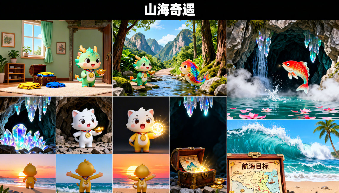 将12张小龙皮皮《山海奇遇》的分镜图拼接合成一张完整16:9长图，保留每张分镜的完整性，从上到下依次排列，标题为山海奇遇，3D卡通盲盒风格，整体统一协调预览效果