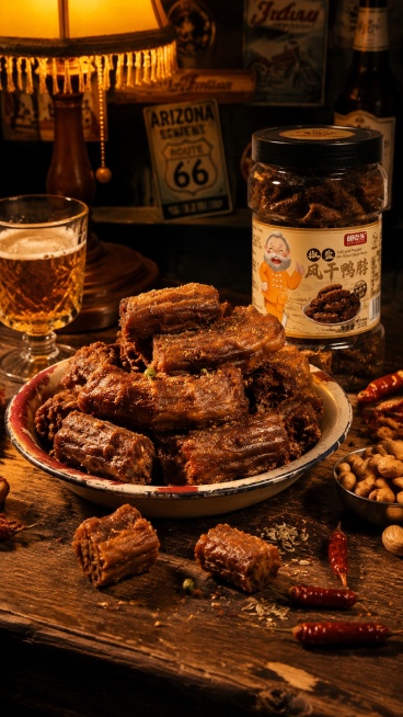 复古胶片质感TVC美食拍摄，做旧深棕实木吧台，复古搪瓷大盘装满2cm风干鸭脖小段，侧边直立鸭脖玻璃瓶，桌面散落散装鸭脖；搭配复古玻璃啤酒杯、烤花生、干辣椒、孜然颗粒，暖黄复古台灯柔光，轻微胶片颗粒质感预览效果