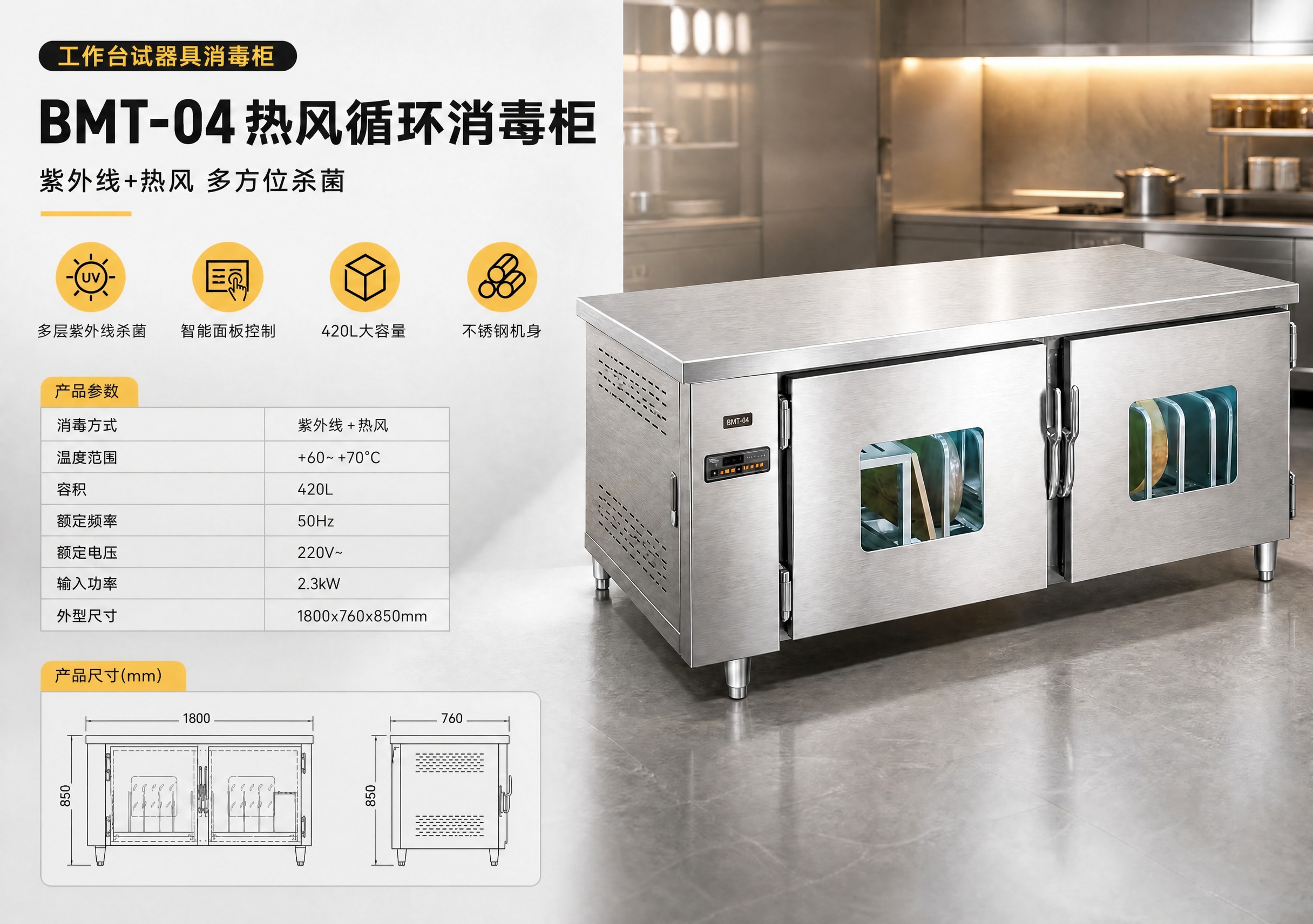 将图片左上角黑底标签中的文字“BMT-04 商用消毒设备”修改… - 图片创意预览