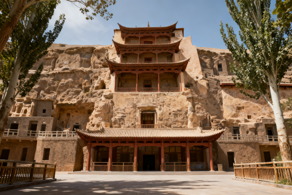 敦煌莫高窟正面，写实摄影，清晰的建筑外观，石窟文化景点预览效果
