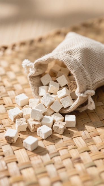 一张俯拍视角的干净风格背景素材图片，画面中央是一个自然敞开的粗麻布麻袋，里面的白色茯苓块正倾泻而出，散落在浅棕色的竹制编织垫上，竹垫纹理清晰可见，茯苓块呈不规则小方块状，表面略带自然的浅褐色纹理和细微颗粒感，整体光线明亮柔和，营造出简洁、自然、质朴的氛围，无任何多余文字或标识，适合作为背景素材使用。预览效果