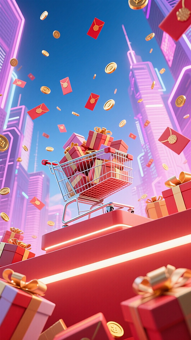 核心主体是购物车置于带灯条的红色展示台上，车内及周围堆满礼物盒，向空中放射的无数红包、金币飘落四周，背景是发光的未来感城市建筑。以暖色调为主，大量红色搭配粉色、紫色和蓝色天空形成对比，仰视角度