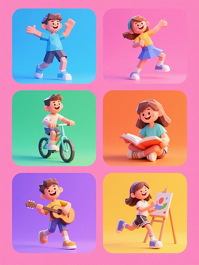 一系列6个不同内容的3D卡通风格人物插画，保持统一的低多边形3D建模风格和圆润光滑的材质表现，柔和明亮的正面光源，清晰的边缘高光和细腻的阴影过渡，每个角色都有夸张生动的动态姿势和开心灿烂的表情，色彩方案整体变换为不同的纯色背景（如蓝色、粉色、绿色、橙色、紫色、黄色），元素类目为充满活力的年轻人日常场景（如跳舞的男孩、骑行的女孩、读书的少女、运动的少年、弹吉他的男生、画画的女孩），所有插画以2x3网格形式规整排布，画面简洁明快，充满青春活力，无文字和二维码设计。