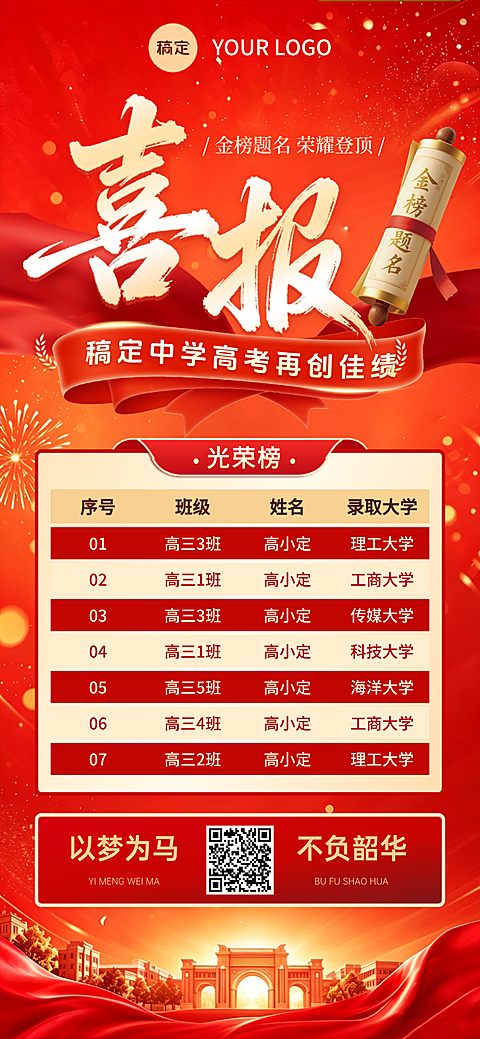 高考成绩喜报名单表彰红金喜庆感手机全屏竖版海报