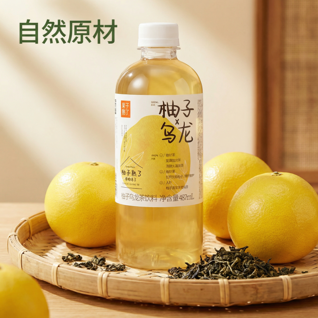 [图生图]，保持产品外观与原图完全一致，背景为日式竹编托盘，周围摆放完整鲜柚子和干乌龙茶原料，自然暖光从上方照射。产品放置画面中心，构图采用产品居中原料环绕，突出原叶真材实料卖点。左上角主标题文案"自预览效果