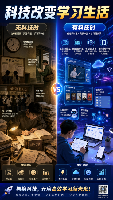 科普对比海报，主标题文字为"科技改变学习生活"，图片分为左右两部分，左半部分是没有科技时的学习场景，展示出信息传递慢、查阅资料不便、学习形式单一枯燥等问题，文字标注"无科技时"，右半部分是有科技时的学预览效果