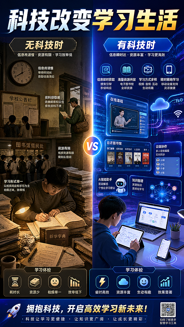 科普对比海报，主标题文字为"科技改变学习生活"，图片分为左右两部分，左半部分是没有科技时的学习场景，展示出信息传递慢、查阅资料不便、学习形式单一枯燥等问题，文字标注"无科技时"，右半部分是有科技时的学习场景，展示出便捷高效、资源丰富、学习形式生动多样，文字标注"有科技时"，整体是科技科普风格，清晰直观，对比鲜明