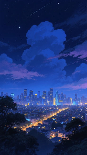 夜晚城市全景，深蓝色调笼罩的夜空，点缀着稀疏闪烁的星辰和层次分明的厚重云层，云层边缘泛着淡淡的蓝紫色光晕。远处城市天际线灯火璀璨，高楼大厦的轮廓在夜色中依稀可见，建筑群之间透出温暖的黄色和冷调的蓝色灯光，城市下方的街道和居民区灯光密集，形成一片闪烁的光海。前景有模糊的深色树木剪影，整体画面呈现出静谧而深邃的氛围，具有动漫风格的细腻笔触和柔和光影过渡，色彩和谐统一，营造出宁静而繁华的夜晚都市景象。预览效果