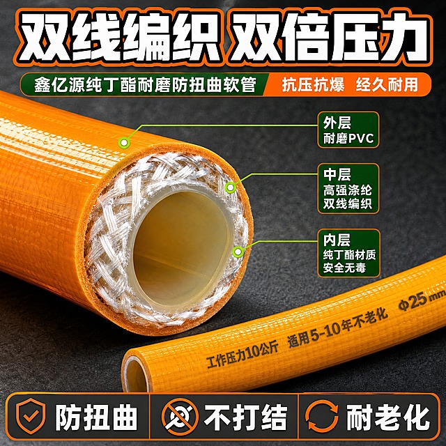 [主图-3] 鑫亿源纯丁酯耐磨防扭曲软管 材质工艺细节 双线编织结构。
[统一基调] 拼多多工业五金风格 大字直白 高信息密度 橙绿品牌主色 深灰工业背景 主标题用超粗黑体白字配橙色描边 辅助文字用白色或深灰 强调色用亮橙色 整体满版构图 不留大面积空白。
[画面] 画面主体展示软管切面或局部放大 呈现双线编织内部结构 外层橙色PVC 中间涤纶编织线 内层纯丁酯材质 三层结构清晰可见 用放大镜或剖面效果展示 旁边放一段完整管身做参照 管身上有 Φ25mm 等规格印字 产品精修 边缘利落 材质层次分明 编织纹理清晰。
[光影质感] 商业微距摄影质感 切面层次分明 每层材质有不同的光泽表现 编织线有纤维质感 PVC层有光滑反光 整体光线明亮 细节清晰。
[配色] 深灰背景 切面各层用真实材质色 橙色外层 白色编织线 透明/淡黄内层 标注文字用白色或橙色 结构引线用亮绿色。
[文字版式] 顶部大标题 双线编织 双倍压力 超粗黑体白字 主体剖面旁边有3条引线标注 分别指向三层结构 标注 外层 耐磨PVC 中层 高强涤纶双线编织 内层 纯丁酯材质 安全无毒 底部横排3个小卖点 防扭曲 不打结 耐老化 所有文字清晰 不遮挡核心结构。
[输出要求] 1:1正方形 2048x2048 结构清晰 文字可读 产品材质真实 无水印 无错字 无平台Logo 禁止虚构结构。