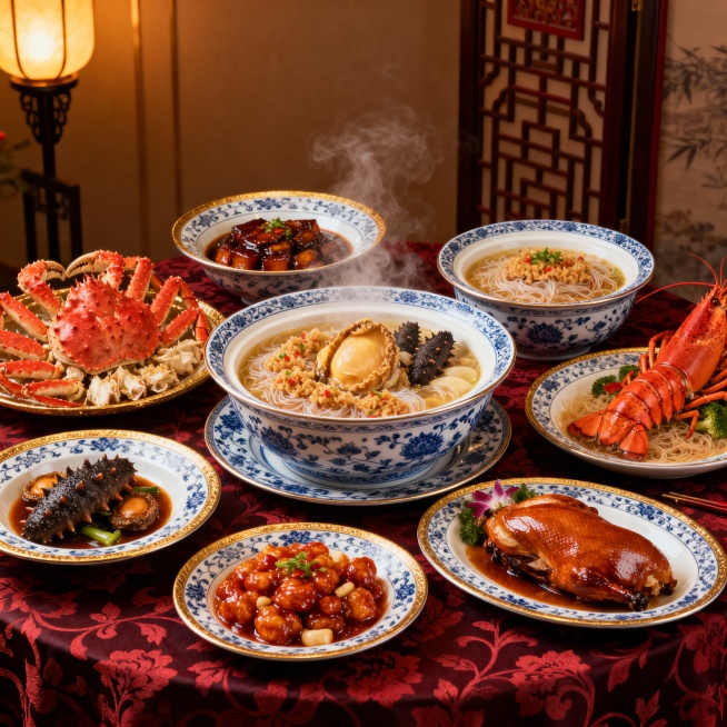 一张高级美味的年夜饭餐桌全景，中央摆放着热气腾腾的佛跳墙，周围环绕着清蒸帝王蟹、红烧海参、蒜蓉粉丝蒸龙虾、松鼠鳜鱼、北京烤鸭等经典菜肴，每道菜色泽鲜亮，细节丰富，餐具选用精致的青花瓷和金边碗碟，桌布为预览效果