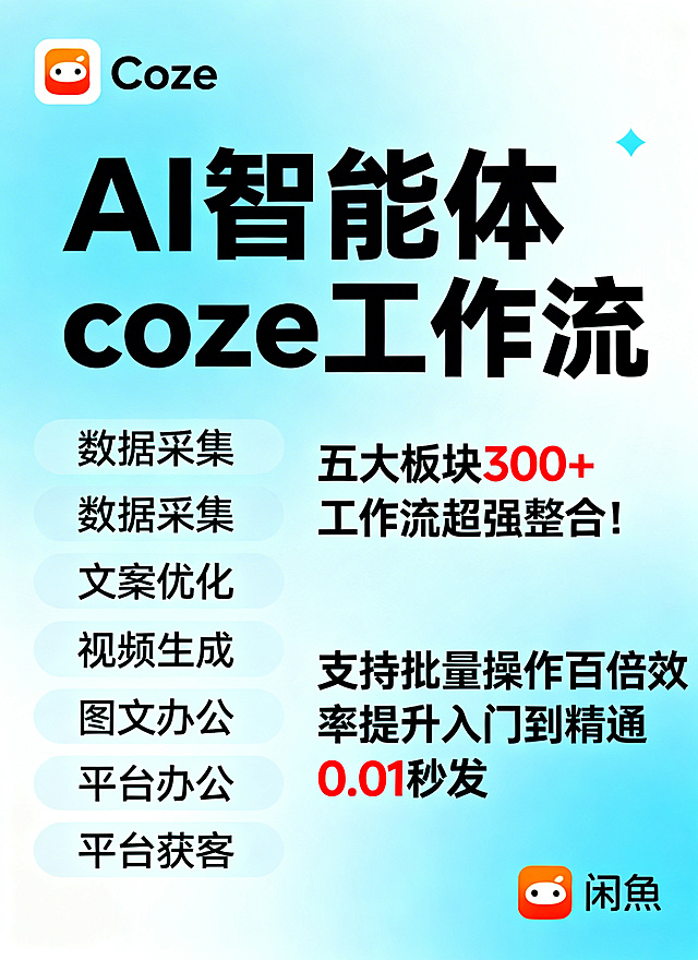 闲鱼主图，Coze AI智能体工作流，浅蓝渐变背景，左上角Coze图标，右侧大字“AI智能体 coze工作流”，左侧列“数据采集、文案优化、视频生成、图文办公、平台获客”五大板块，右侧对应文字“五大板块 300+工作流 超强整合！支持批量操作 百倍效率提升 入门到精通 0.01秒发”，右下角带闲鱼标识，活泼醒目促销风格