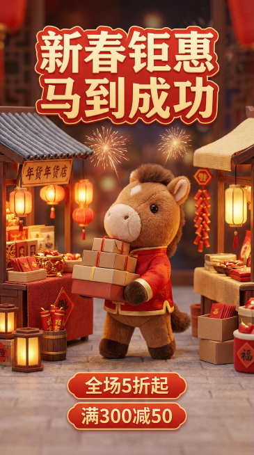 主题：马年春节电商海报 - 新春集市场景
内容：微型春节集市，小马棕褐色毛绒公仔穿红唐装，搬运商品，摊位上堆满年货，灯笼、鞭炮、红包环绕，微型烟花点缀背景
风格：Q版可爱微景观风，热闹喜庆，红金棕褐色预览效果