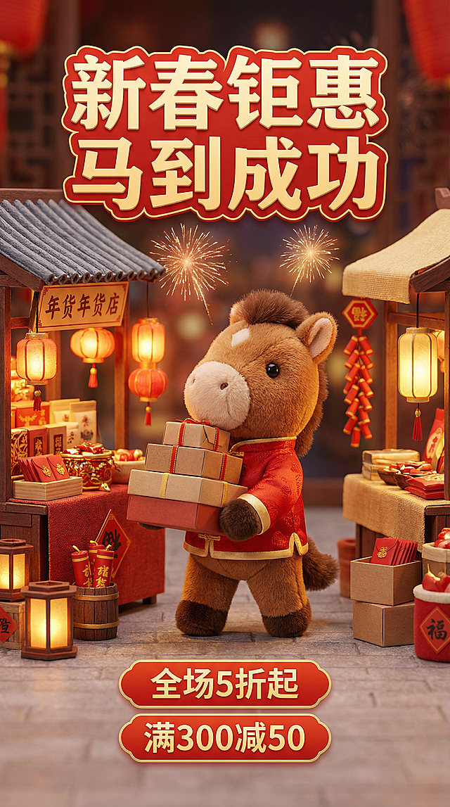 国潮风+软3D风融合，拟人化小马身着唐装怀抱礼盒，置身微缩年货街景，毛发生长质感细腻，红金配色烘托喜庆感，搭配烟花与灯笼，传递新春促销氛围。
