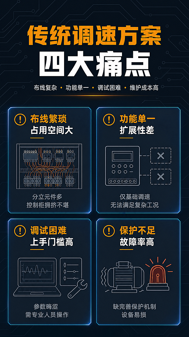 第2张 痛点直击页-工业调速控制常见痛点。本张无需产品图，纯信息设计页。
[氛围/风格] 工业科技风，深色背景，警示感与专业感并存，理性客观。
[元素布局] 画面分为上下两部分，上半部分为大标题和痛点总述，下半部分为4个痛点卡片2x2排列；每个痛点卡片配一个工业场景简笔图标（如杂乱布线的控制柜、调试人员皱眉、电机抖动、故障停机指示灯）；背景有淡灰色电路板线路纹理，卡片有轻微发光边框。
[光影质感] 整体均匀柔光，卡片边缘有微弱蓝色辉光，文字清晰锐利，无强烈阴影。
[配色色系] 全局底色 #1A1F2E 深灰蓝；主色 警示橙 #F59E0B；辅助色 科技蓝 #2D7FF9、深灰卡片底 #252B3D；文字色 白色/浅灰。
[视角构图] 居中对称构图，上标题下卡片，阅读动线自上而下。
[文字版式] 顶部主标题「传统调速方案 四大痛点」，副标题「布线复杂 · 功能单一 · 调试困难 · 维护成本高」，主标题用橙白撞色粗黑体；下方4个痛点卡片：左上「布线繁琐 占用空间大」配文字「分立元件多 控制柜拥挤不堪」，右上「功能单一 扩展性差」配文字「仅基础调速 无法满足复杂工况」，左下「调试困难 上手门槛高」配文字「参数晦涩 需专业人员操作」，右下「保护不足 故障率高」配文字「缺完善保护机制 设备易损」；每个卡片标题加粗，正文浅灰色小号字。
[比例分辨率] 9:16 竖版比例，4K分辨率，文字清晰可辨，高清画质。
[负向提示词] 产品图出现，人物面部，水印，文字错乱，文字过小，颜色偏差，背景杂乱。