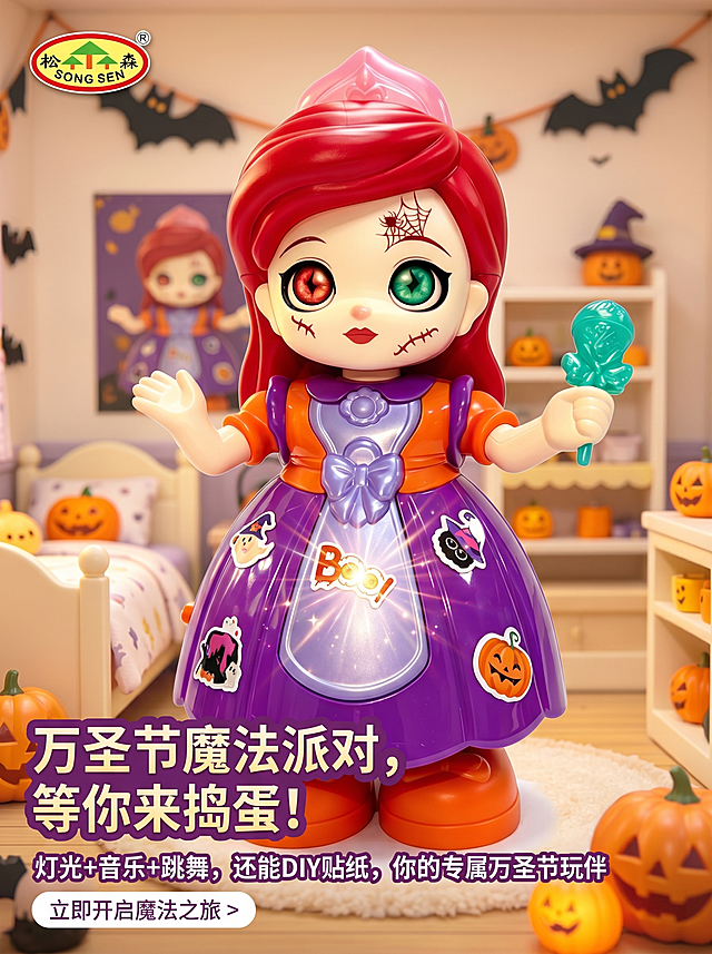 [主图 1] 首屏海报，万圣节魔法派对主题。[氛围风格] 温馨万圣节房间氛围，节日氛围感拉满，电商海报风格。[画质] 商业摄影质感，光线柔和通透，产品清晰真实，画面干净高级。[元素] 背景是温馨的万圣节儿童房，点缀南瓜灯和蝙蝠拉旗装饰。画面中央主推红发款万圣节娃娃，展示娃娃手持绿色魔法棒的姿态，娃娃裙摆区域制作出动态的"Boo!"闪烁灯光星星特效。左上角保留品牌松森LOGO，左下角放置大字标题。保持红发娃娃的外观、结构、颜色与输入产品图保持绝对一致，杜绝变形和色差，精细化处理。商品主体占比约70%，画面满版无边框。[光影] 主光源从正面照亮娃娃，房间背景环境光偏暖，南瓜灯点缀出温馨氛围感，明暗层次清晰，灯光特效自然不突兀。[配色] 主色调紫橙撞色搭配万圣节氛围，辅助色棕色、绿色，色彩浓郁节日感强。[视角构图] 平视视角，景深适中，娃娃作为绝对视觉中心，主体完整不裁切。[文字版式] 左下角负空间左对齐留安全边距，大字主标题："万圣节魔法派对，等你来捣蛋！"，副标题："灯光+音乐+跳舞，还能DIY贴纸，你的专属万圣节玩伴"，底部行动点："立即开启魔法之旅 >"，主标题字体最大加粗，副标题缩小，行动点字体最轻，文字颜色对比清晰，不遮挡主体。[比例分辨率] 3:4比例，2k分辨率，文字清晰可辨，超高清。[负向提示词] 变形，水印，文字错乱，产品模糊，背景杂乱，文字遮挡主体