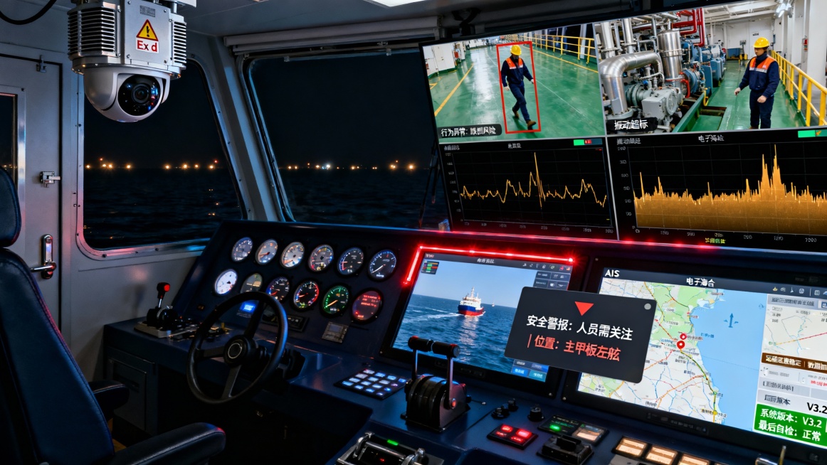 一艘现代大型货轮的驾驶室内景，时间是夜晚，窗外是漆黑的海面与零星灯光。驾驶台充满各种仪表和屏幕，氛围专注。在驾驶台顶部和舱门附近，安装着造型厚重、带有明显防爆认证标志和散热格栅的AI防爆摄像机，其外壳预览效果
