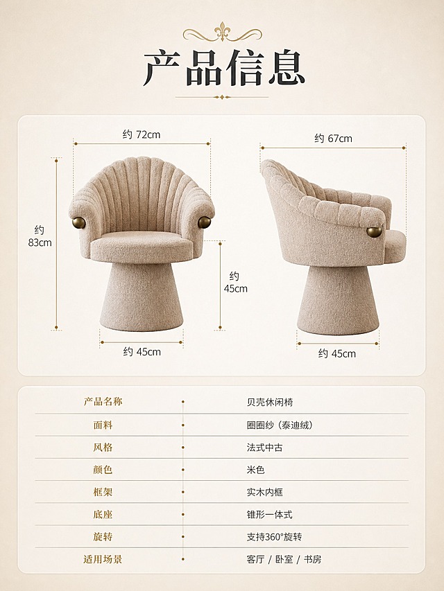 [商品] 使用【图1】米色贝壳造型单人休闲椅；保留全部结构、比例、颜色和材质；严格保持真实尺寸比例。
[画面] 目标：产品规格参数页，作为详情页收尾。上下分区版式，上半区为椅子正视图与侧视图的尺寸标注示意，下半区为参数表格；上半区左侧正面视图、右侧侧面视图，均用细引线标注关键尺寸；下半区为简洁的参数表，行列清晰；背景为浅米色渐变，整体干净专业。
[视觉] 套系策略：风格=法式中古风真实家居商业摄影；标题字=优雅衬线粗体；正文字=简洁无衬线体；主色=米杏色；背景延展=基于米杏色做深浅层级、同色渐变与细腻纸质感；强调色=复古黄铜金，仅用于小面积图标、引线和标签；标题色=深炭灰；正文色=中暖灰；组件=细线引线、圆角浅底信息卡、复古序号；光影=均匀柔光，清晰展示产品轮廓与表格。
[文字] 顶部大标题「产品信息」，下方参数表包含：产品名称「贝壳休闲椅」、面料「圈圈纱（泰迪绒）」、风格「法式中古」、颜色「米色」、框架「实木内框」、底座「锥形一体式」、旋转「支持360°旋转」、适用场景「客厅/卧室/书房」；尺寸参数前加「约」字；全部文字横向排版，表格清晰易读。
[规格] 图片比例3:4竖版，2K分辨率，medium质量；避免尺寸比例失真、材质改变、冷蓝背景、文字竖排、极限词、虚假参数承诺。