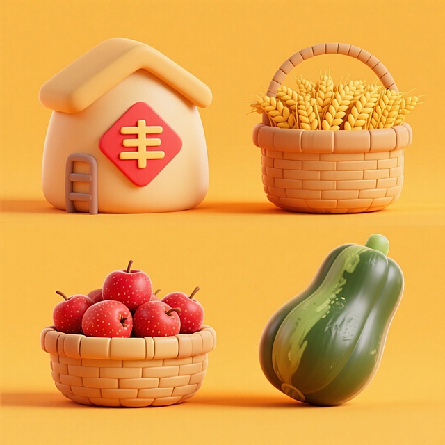 软3D粘土风，可爱卡通造型，质朴温馨的丰收场景，搭配“丰”字屋与果实篮，传递秋天丰收喜庆与田园清新感。