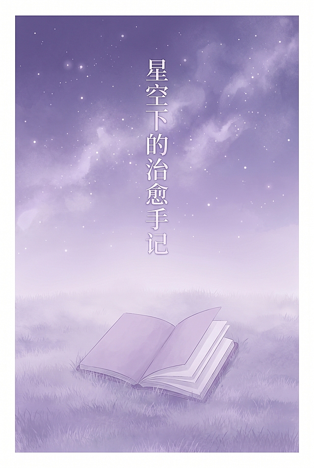 竖版书籍封面设计，散文集"星空下的治愈手记"，清新温柔治愈简约插画风格，整体低饱和莫兰迪紫色系，香芋紫、雾烟紫、淡薰衣草紫、浅蓝紫柔和渐变配色，整体色调淡雅朦胧，不艳丽刺眼。画面顶部居中位置竖向排布文艺温柔细体书名文字"星空下的治愈手记"，字体素雅纤细柔和，浅白紫渐变字效，简约文艺排版；画面上半部分是静谧梦幻紫调夜空，漫天散落细碎柔和的星光光点，轻薄缥缈淡紫色星云缓缓弥散环绕夜空，星光微弱朦胧带着微弱柔光，夜空从上到下由深雾紫自然渐变过渡到浅紫；画面下半部分是平缓柔软的朦胧紫调青草地，带着淡淡林间薄雾氛围感，草地肌理细腻柔和，草地中央平放一本浅芋紫色哑光笔记本，笔记本轻轻半摊开，书页干净简洁，造型简约温润；整体构图层次舒缓柔和，星空与草地衔接自然顺滑，画面留白舒服克制；绘画质感是淡雅淡水彩晕染 + 扁平手绘插画结合，笔触细腻柔和，无生硬线条，光影柔和漫射氛围感，整体氛围安静松弛、温柔静谧、治愈舒缓，画面干净整洁无多余杂乱装饰，高级简约文艺氛围感，高清精致细节，图书封面成品构图。