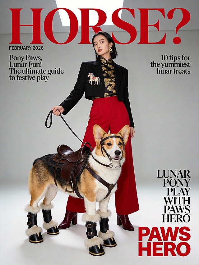 国潮风与皮影元素融合，时尚感十足的杂志封面设计，复古刺绣细节搭配趣味十足的“马”主题宠物造型，彰显潮流与中式美学的碰撞。