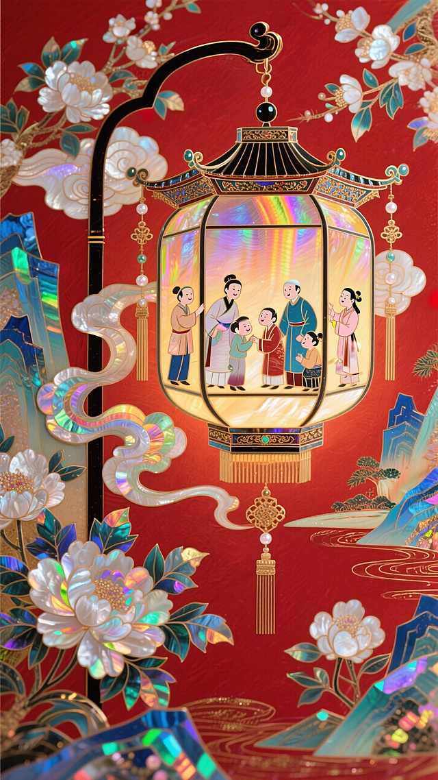 走马灯（宫廷花灯式，里面演着不同的阖家团圆的故事），祥云流动环绕整个画面，背景含大量中国风花卉元素和山水，迷幻，意识流，红色背景