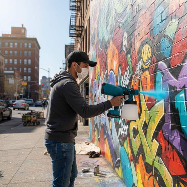 生成5张场景，一个人拿着这个喷枪在喷漆，1：1预览效果