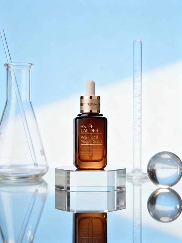 产品置于透明镜面展示台，台面对瓶身、玻璃道具形成清晰倒影，强化了画面的镜面质感与空间层次。背景采用浅蓝与白色融合的低饱和度纯色背景，色调柔和统一，无多余装饰，为玻璃元素提供干净的展示基底；辅助道具有透明玻璃烧瓶、细长玻璃滴管、圆形玻璃球，均为高透玻璃材质，体现纯净的玻璃质感；