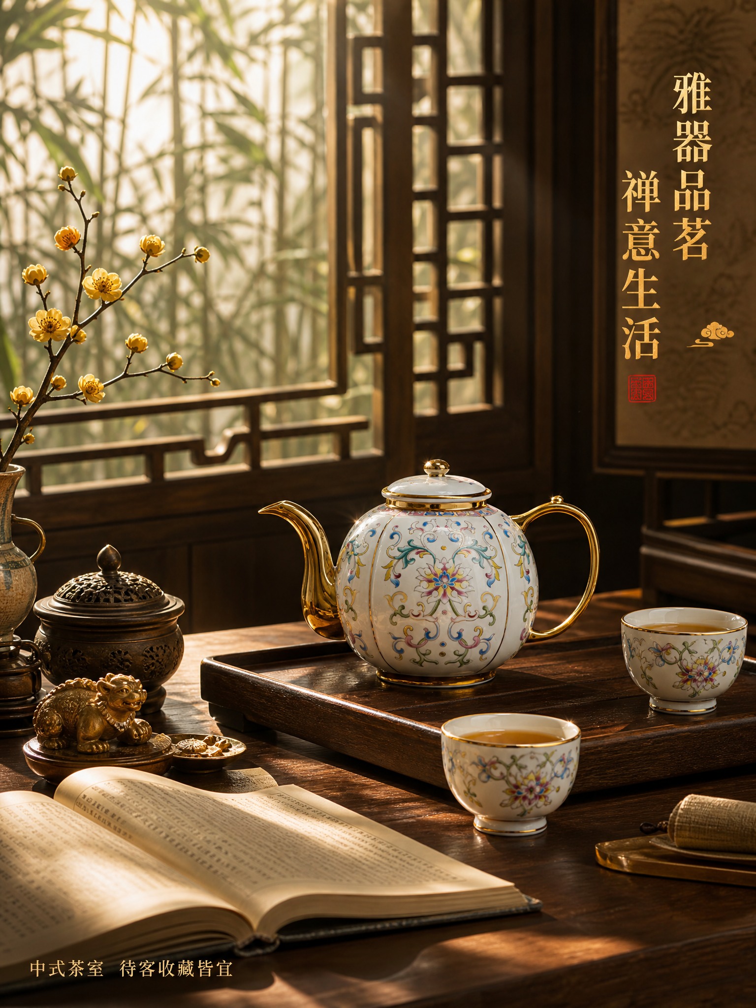 [主图-4 3:4] 中式茶室场景图，展示茶壶在雅致生活场景中… - 图片创意预览