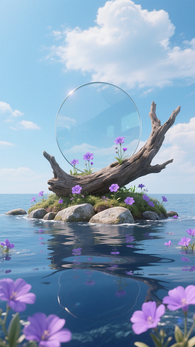 梦幻3D玻璃球悬浮于海面，紫色花朵点缀其间，清新超现实，营造虚拟自然美景。