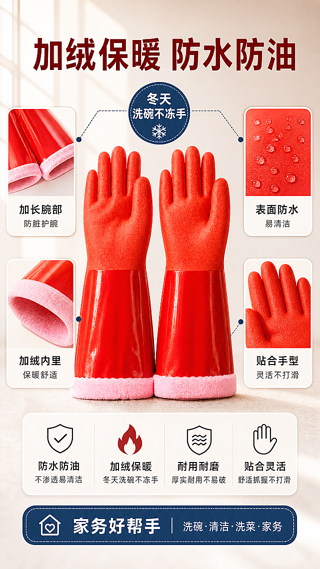 [第2张-修正] 详情页卖点展示图。本张严格使用【图1】作为商品主体。
[商品] 红宇天鹅绒加绒保暖防水家务手套：严格保留【图1】特征——红色PVC外层、手指与掌面磨砂质感、袖口段光滑发亮、加长腕部、手套口粉色毛绒内里；手套外观、颜色、比例、材质分区与产品图完全一致，不改变外形。
[画面] 目标展示四大核心卖点，多点并列型构图。一双红色手套（掌面朝前、袖口粉色毛绒可见）居中占55%，形象严格与产品图一致；左右两侧四个圆角信息卡：加长腕部 防脏护腕 / 表面防水 易清洁 / 加绒内里 保暖舒适 / 贴合手型 灵活不打滑；卡片内的小图均为同款手套局部（加长腕部、PVC表面水珠、粉色毛绒内里、磨砂掌面），不得出现其他款式手套；中央标签连接"冬天洗碗不冻手"；背景暖米白到浅灰渐变。
[视觉] 套系策略：风格=淘宝天猫专业家务用品商业摄影；标题字=粗黑体；正文字=无衬线黑体；主色=红白；背景延展=暖米白到浅灰渐变+细腻织物质感；强调色=深蓝，仅用于标签徽章和引线；标题色=深红；正文色=深灰；组件=圆角信息卡、圆形徽章、细线引线；光影=左侧自然窗光。
[文字] 顶部主标题"加绒保暖 防水防油"；四个信息卡文字同上；底部信息条"家务好帮手"。文字横向排布，不遮挡手套主体。
[规格] 9:16竖版，4K分辨率，文字清晰可读。负向：变形，错字，文字过小，水印，平台logo，手套颜色偏差，手套外形改变，内里颜色错误，其他款式手套，竖排文字。
