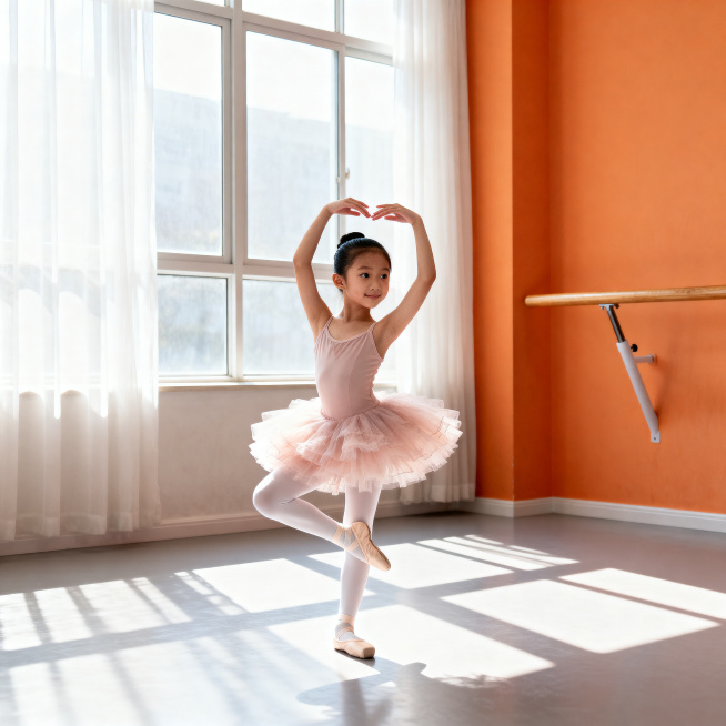 生成一位9岁亚洲芭蕾少女，样貌参考图2：大眼睛明亮有神，清秀精致五官，低盘发整洁，表情专注温柔略带微笑。她身穿浅粉色蓬松纱质tutu裙（及膝，多层轻盈），白色连裤袜与浅色足尖鞋。姿态为单脚足尖立地，另预览效果