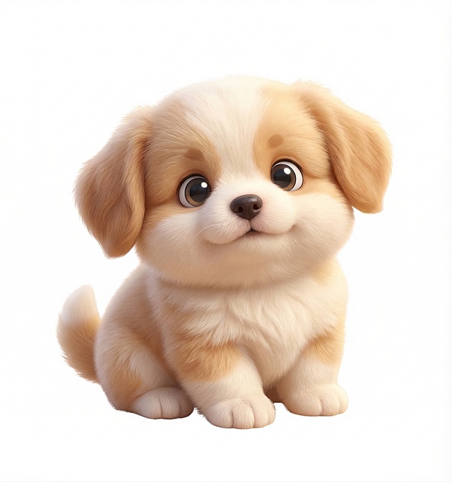 3D卡通Q版风格，和参考图风格一致，一只软萌可爱的小狗，圆润饱满的造型，柔和温暖的光影，质感细腻，纯白色背景