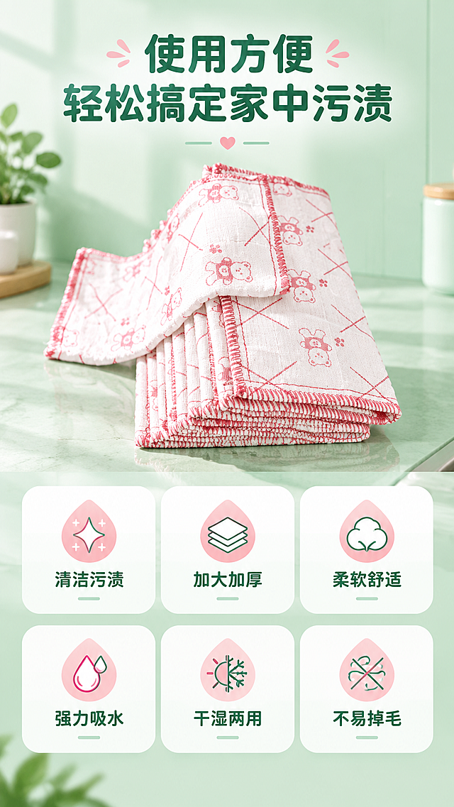 [商品] 使用【图1】棉纱抹布叠放+【图3】平铺全貌；商品处理：保留小熊印花、红色锁边、棉纱材质；增强纹理质感，理顺形态。
[画面] 六大特点展示页，目标呈现六大核心优势。上下结构，上方放产品主图（叠放抹布）占画面35%，下方为2行3列六宫格图标卡片，每格一个特点配对应小图标；背景为浅薄荷绿渐变，卡片为白色圆角底。
[视觉] 套系策略：风格=清新洁净家居商业摄影；标题字=圆润黑体粗体；正文字=简洁无衬线黑体；主色=清新薄荷绿；背景延展=基于薄荷绿做深浅层级渐变、厨房台面与墙面同色系延展；强调色=暖粉色（呼应抹布印花），仅用于小面积图标、标签和点缀；标题色=深墨绿；正文色=中灰绿；组件=圆角信息卡、水滴形图标、细线引线；光影=左前侧柔和自然光，明亮通透。
[文字] 顶部主标题"使用方便 轻松搞定家中污渍"，下方六宫格分别为"清洁污渍""加大加厚""柔软舒适""强力吸水""干湿两用""不易掉毛"，每项配简约图标；文字全部横向排版，字号保证手机端清晰可读。
[规格] 图片比例9:16竖版，4K，避免变形、错字、文字过小、图标杂乱、抹布印花失真、绝对化用语。