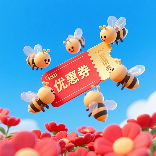 软3D风格蜜蜂拟人化，环绕优惠券飞舞，清新梦幻花海背景，卡通可爱感十足，突出促销氛围。