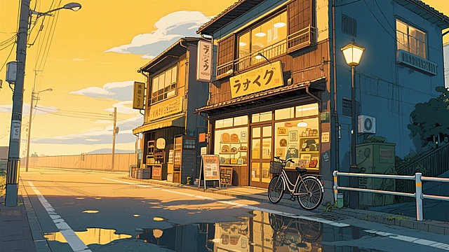 二次元，城市街道，细节丰富，暖黄色，氛围回忆，生成2张，不要人，4k