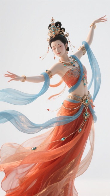 白色背景，敦煌飞天仙女，飘逸的橙红色长裙与蓝色飘带，头戴华丽宝冠，身佩璎珞珠宝，双臂舒展呈舞蹈姿态，面部安详柔和，动态轻盈灵动，采用8K超高清3D渲染，材质表现为半透明丝绸与金属光泽宝石，光影效果为柔和漫反射，立体感强，细节精致，具有现代科技感与传统艺术融合的视觉风格预览效果