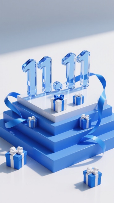 3D rendering, "11.11" transparent crystal numbers placed on a tiered platform composed of stacked blue boxes, with flowing blue ribbons curling around the platform, small blue gift boxes with white ……预览效果